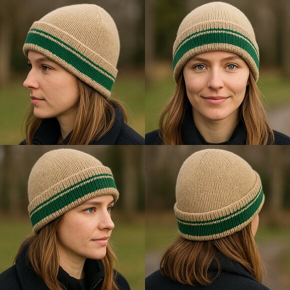 Vintage Knit Wool Beanie – Oatmeal & Green Stripe • WPL 7503 • Made in USA main image 9